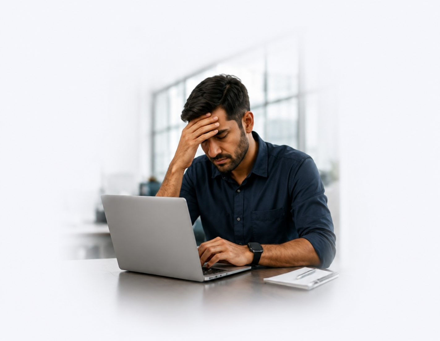 Frustrated operations manager working at a laptop