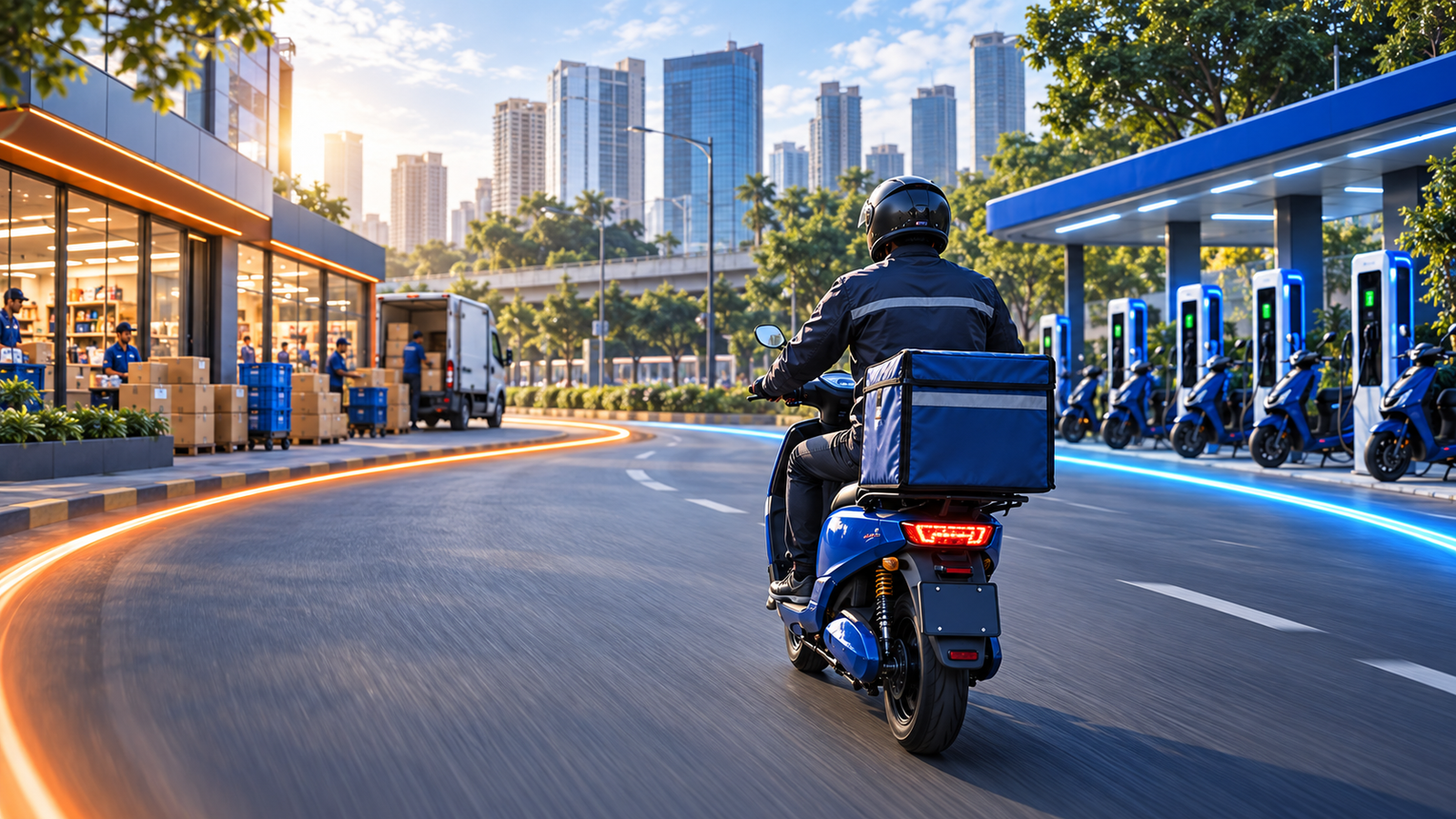 TOCAL electric delivery rider connecting businesses to an EV fleet hub