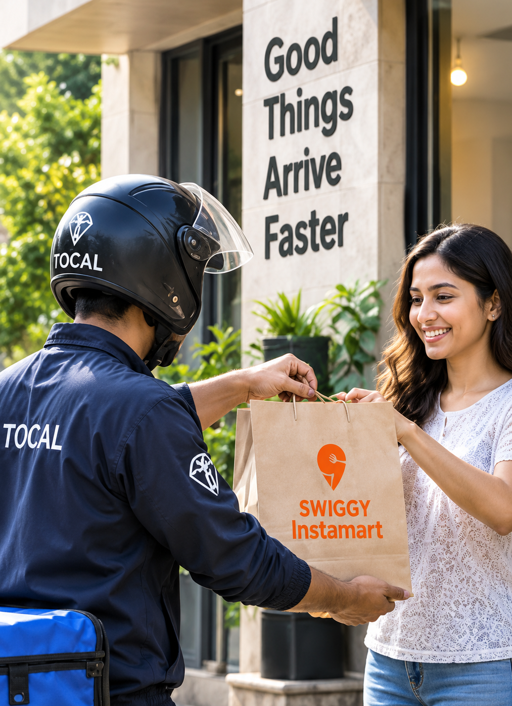 TOCAL delivery rider handing a package to a customer
